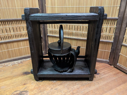 Antique Meiji Tetsubin Cast Iron Candle Lamp on Yakisugi Stand Japan
