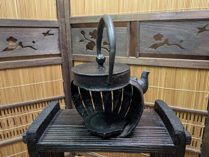 Antique Meiji Tetsubin Cast Iron Candle Lamp on Yakisugi Stand Japan