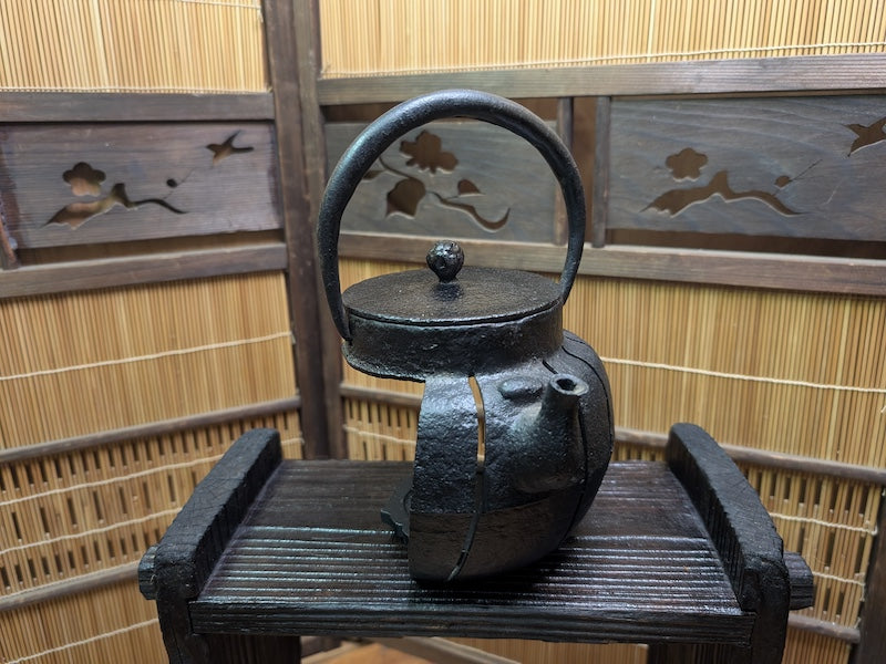 Antique Meiji Tetsubin Cast Iron Candle Lamp on Yakisugi Stand Japan
