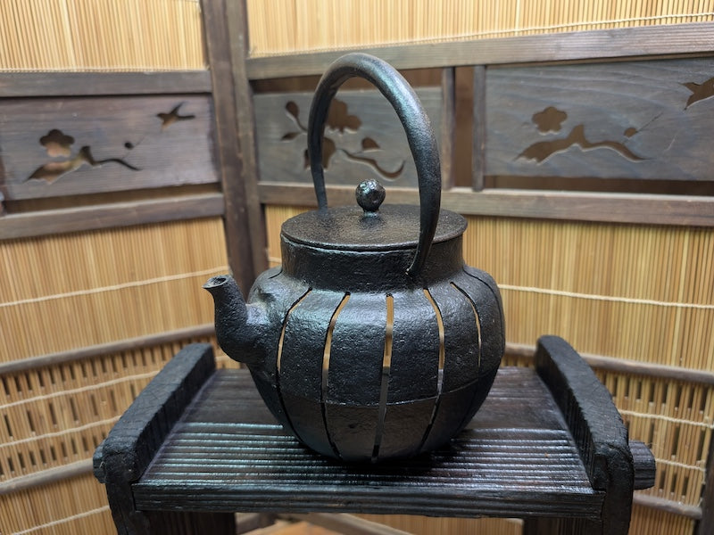 Antique Meiji Tetsubin Cast Iron Candle Lamp on Yakisugi Stand Japan