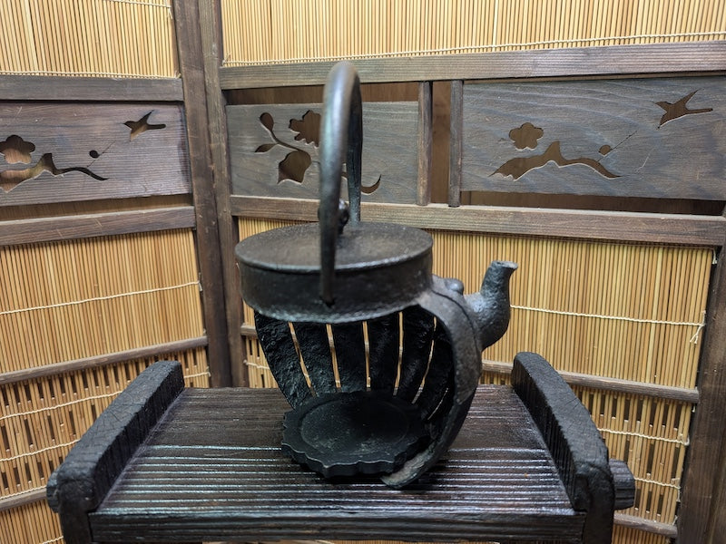 Antique Meiji Tetsubin Cast Iron Candle Lamp on Yakisugi Stand Japan