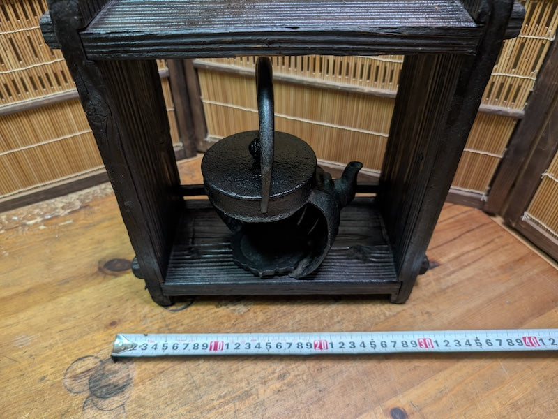 Antique Meiji Tetsubin Cast Iron Candle Lamp on Yakisugi Stand Japan