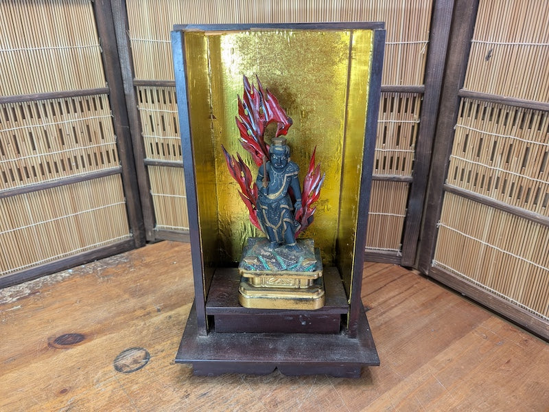 Rare 1800s Fudō Myō-ō Wooden Statue Original Showcase Auction Japan