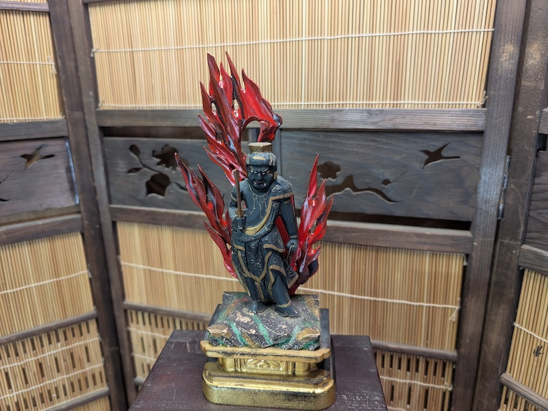 Rare 1800s Fudō Myō-ō Wooden Statue Original Showcase Auction Japan