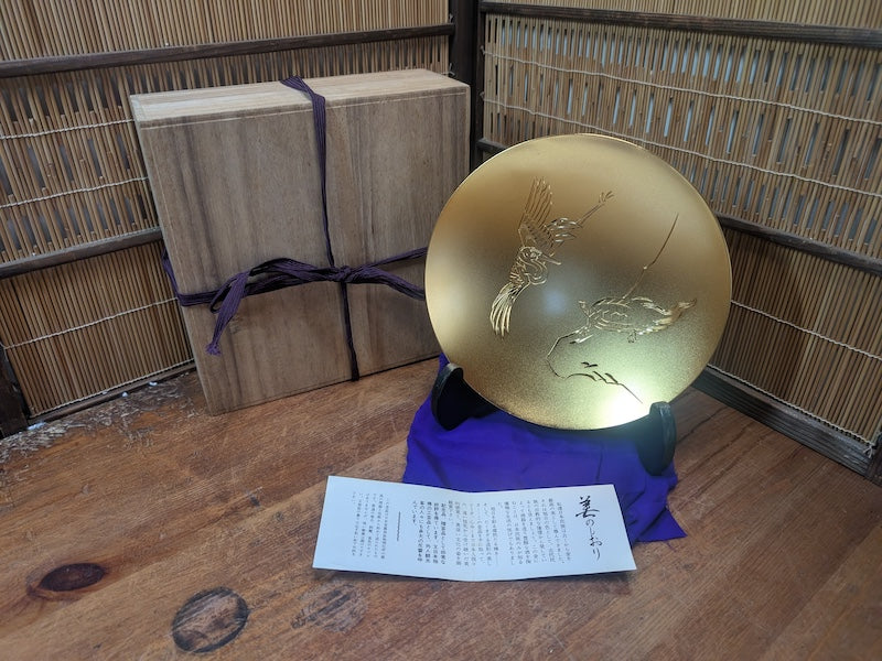 Giant Japanese Kinpai Gold Cup 1980s 24KGP Crane Turtle w/ Box Stand Document