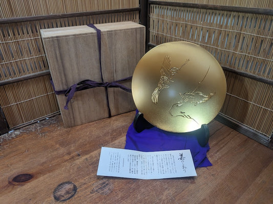 Giant Japanese Kinpai Gold Cup 1980s 24KGP Crane Turtle w/ Box Stand Document