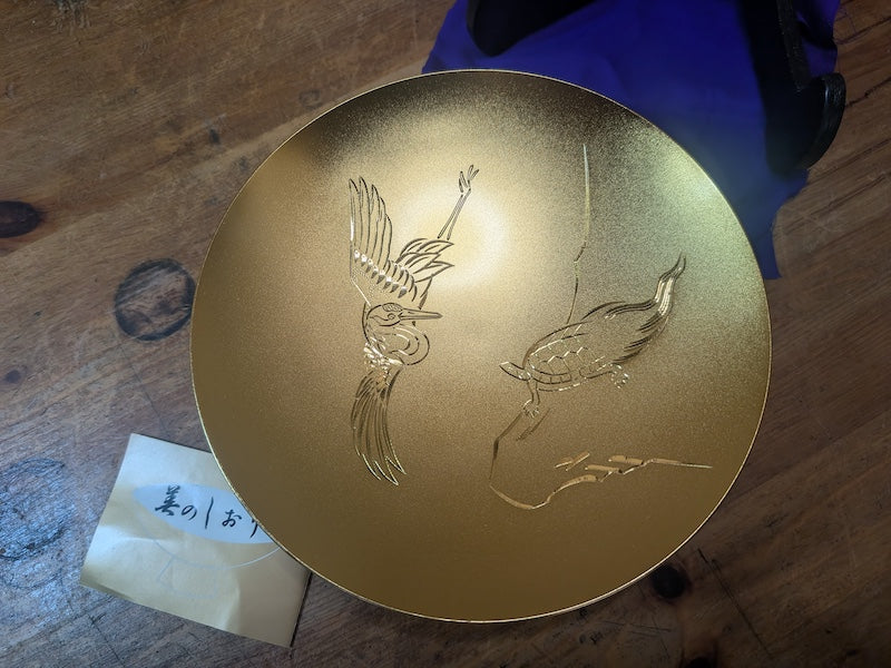 Giant Japanese Kinpai Gold Cup 1980s 24KGP Crane Turtle w/ Box Stand Document