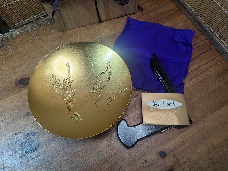 Giant Japanese Kinpai Gold Cup 1980s 24KGP Crane Turtle w/ Box Stand Document