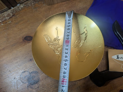 Giant Japanese Kinpai Gold Cup 1980s 24KGP Crane Turtle w/ Box Stand Document