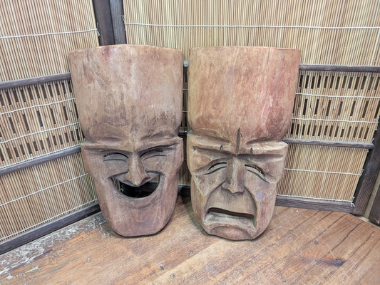 Japanese Comedy & Tragedy Masks Vintage Wood Theatre Wall Art