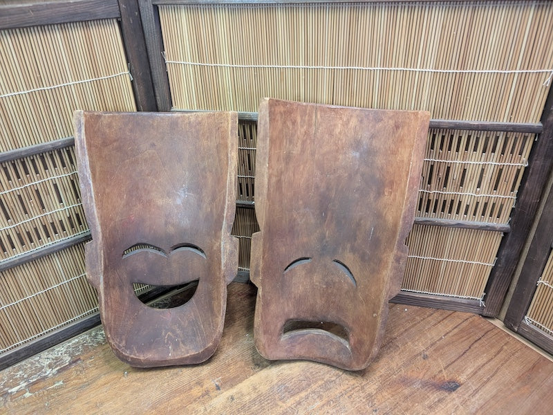 Japanese Comedy & Tragedy Masks Vintage Wood Theatre Wall Art