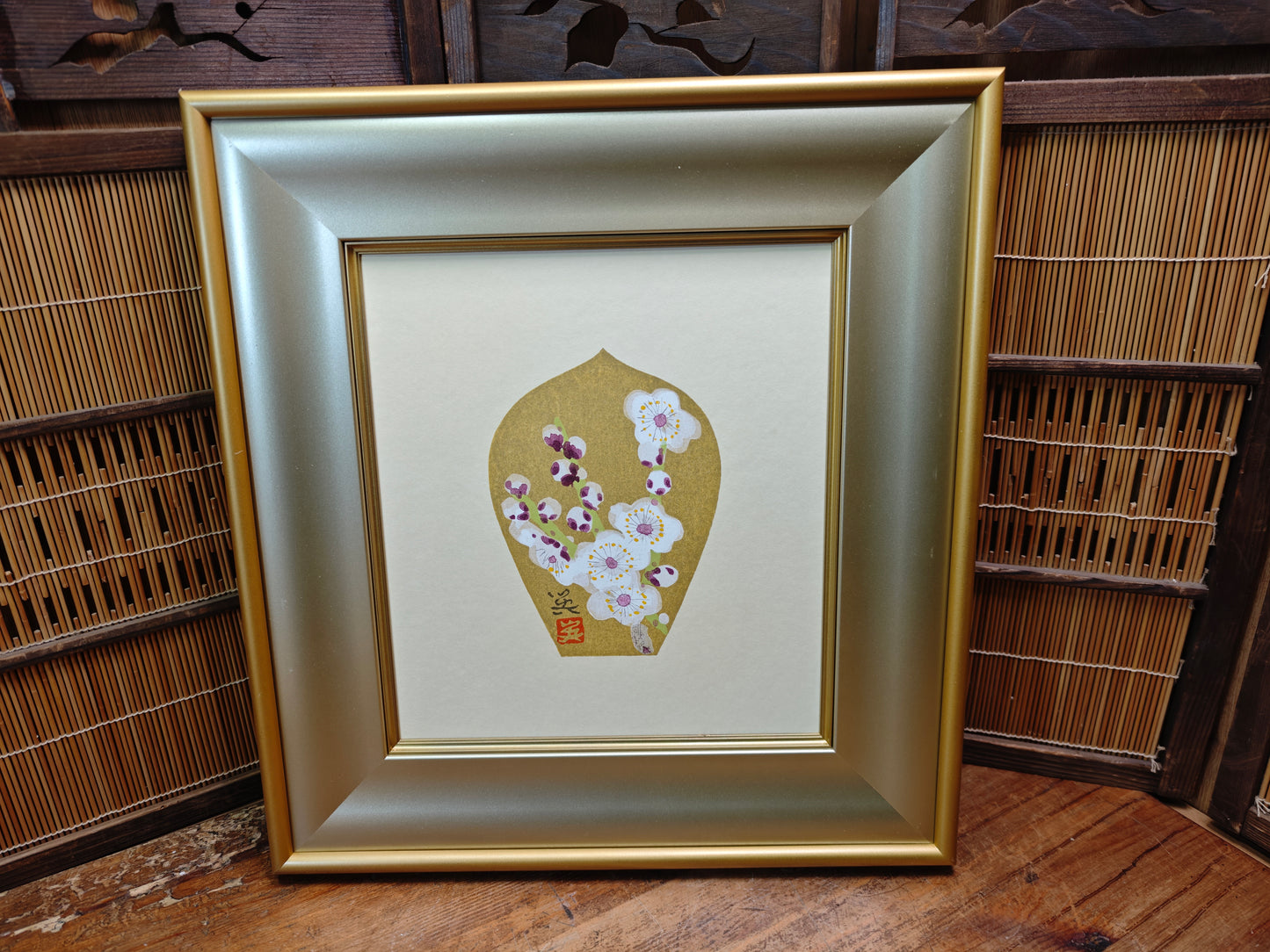 Vintage Japanese Artwork Hideo Nishiyama 24K Gold Leaf White Plum Art