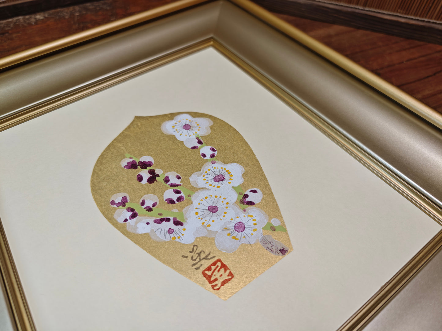 Vintage Japanese Artwork Hideo Nishiyama 24K Gold Leaf White Plum Art