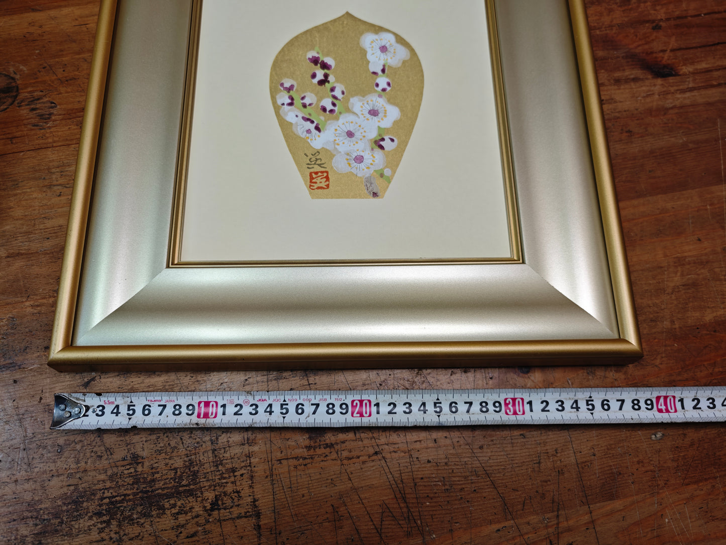 Vintage Japanese Artwork Hideo Nishiyama 24K Gold Leaf White Plum Art