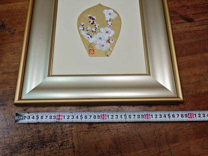 Vintage Japanese Artwork Hideo Nishiyama 24K Gold Leaf White Plum Art
