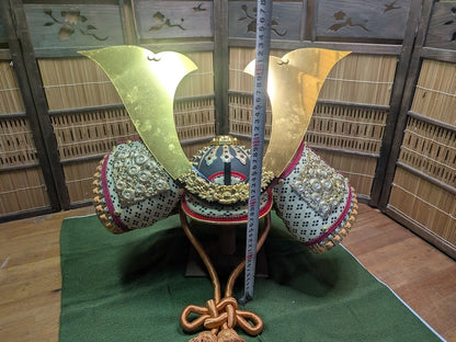 Japan Miniature Kabuto Helmet Brass & Kimono Fabric Missing Dragon Auction Japan