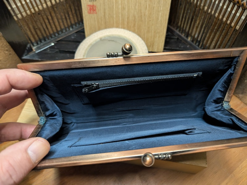 Vintage Oshima Tsumugi Silk Kimono Handbag Japan Clutch Signed Wood Box Exclusive