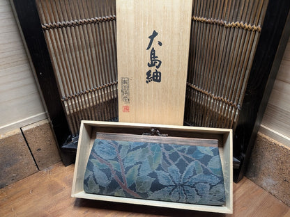 Vintage Oshima Tsumugi Silk Kimono Handbag Japan Clutch Signed Wood Box Exclusive