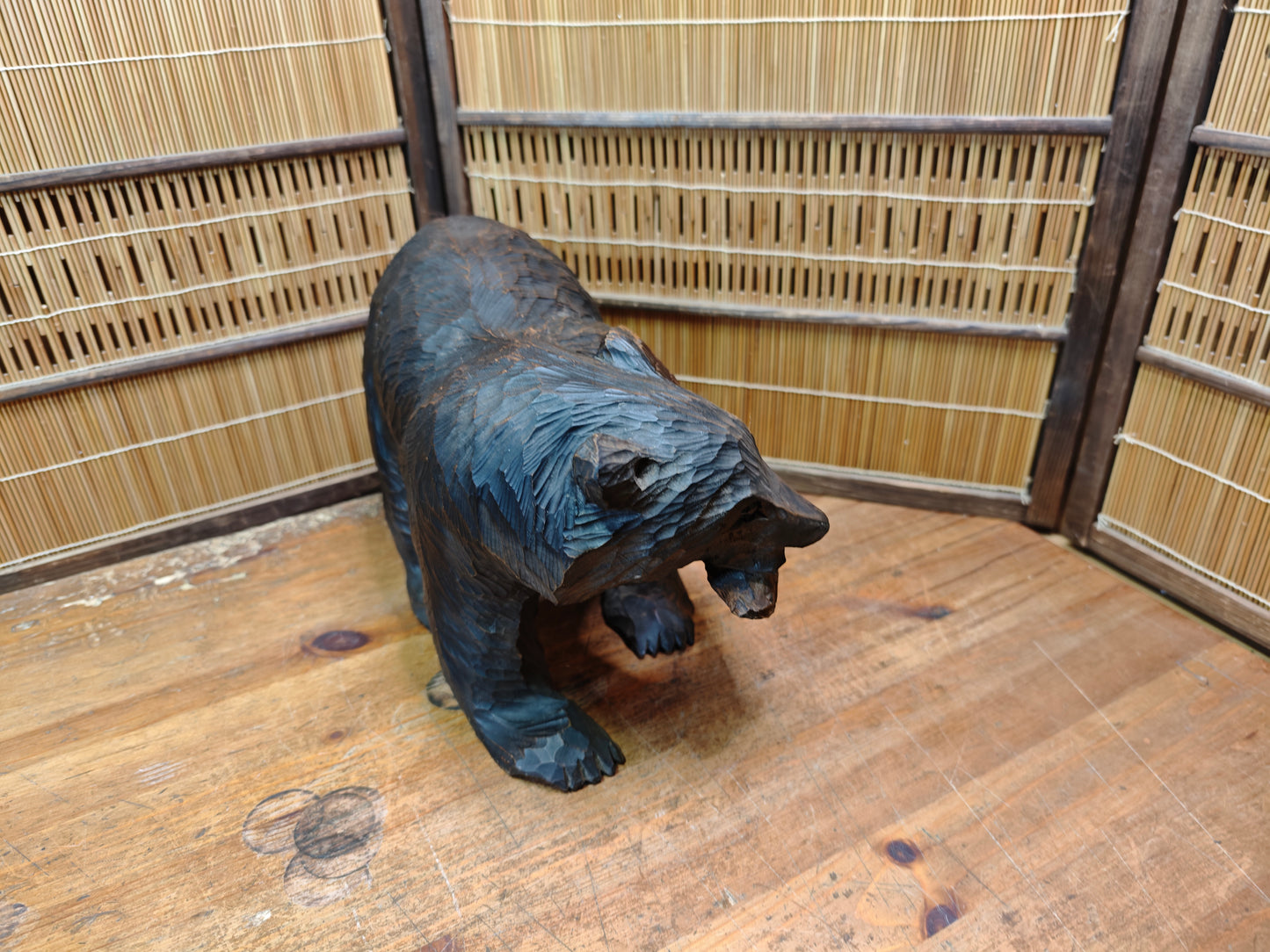 Japan Vintage Kibori Kuma Bear Hand Carved Hokkaido Ainu Wood Folk Art Japan