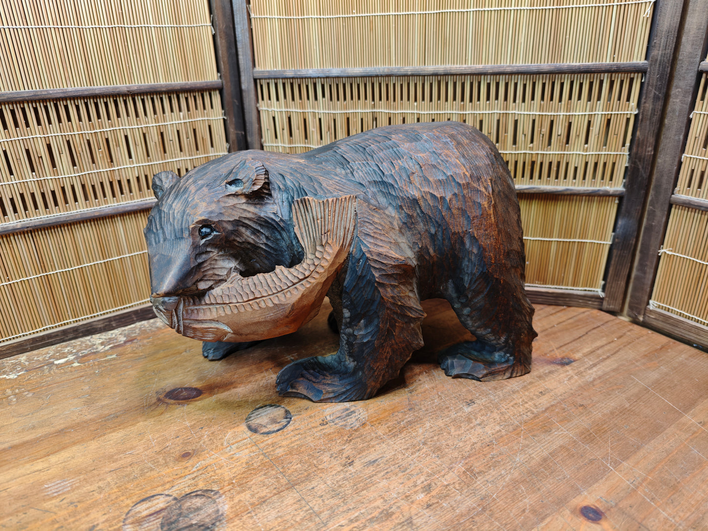 Japan Vintage Kibori Kuma Bear Hand Carved Hokkaido Ainu Wood Folk Art Japan
