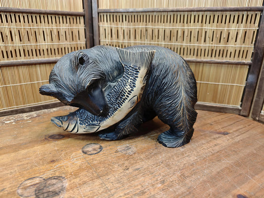 Japan Vintage Kibori Kuma Bear Hand Carved Hokkaido Ainu Wood Folk Art Japan