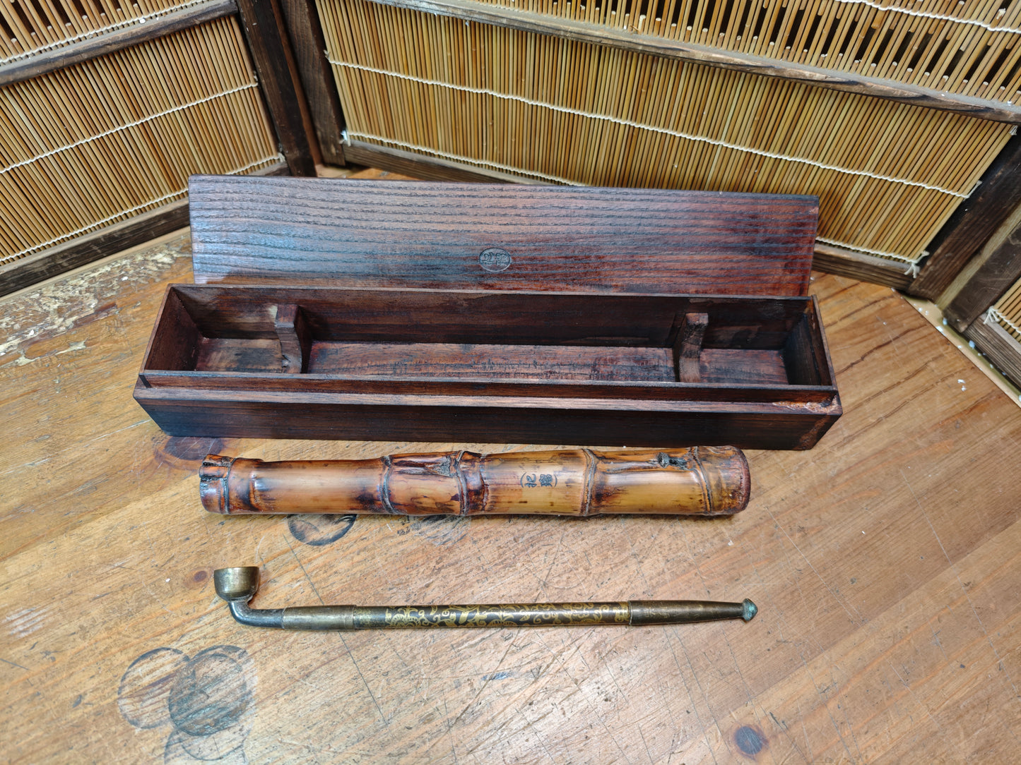 Japanese Kiseru Pipe w/ Box & Bamboo Case Antique Display Auction JP
