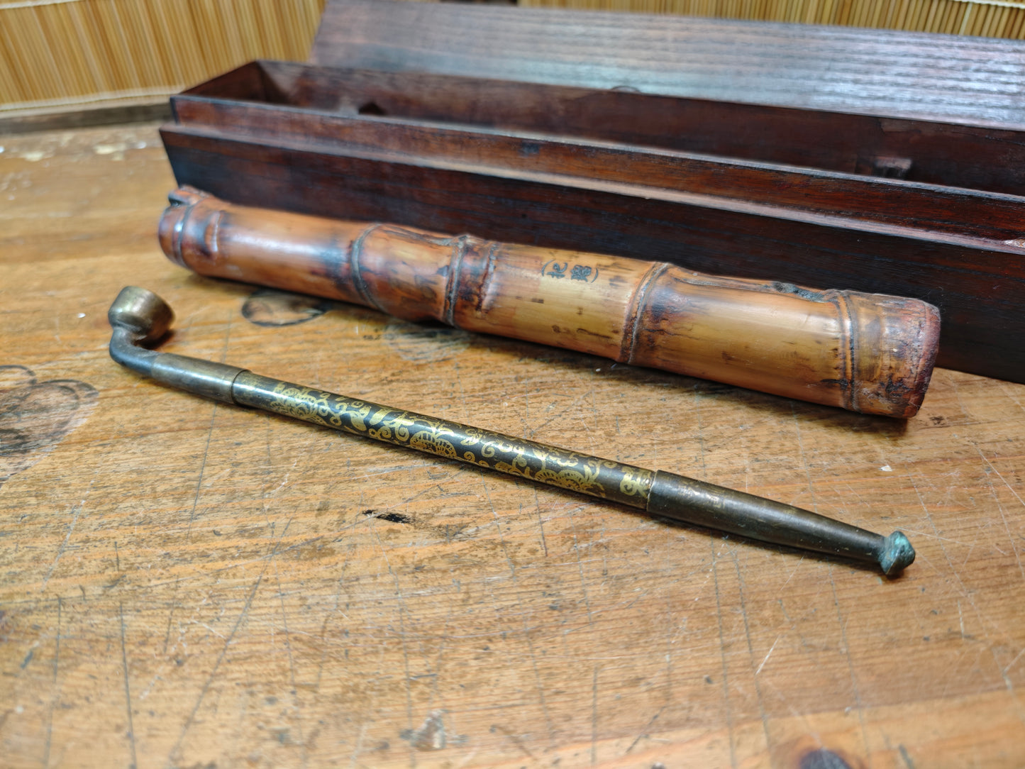 Japanese Kiseru Pipe w/ Box & Bamboo Case Antique Display Auction JP