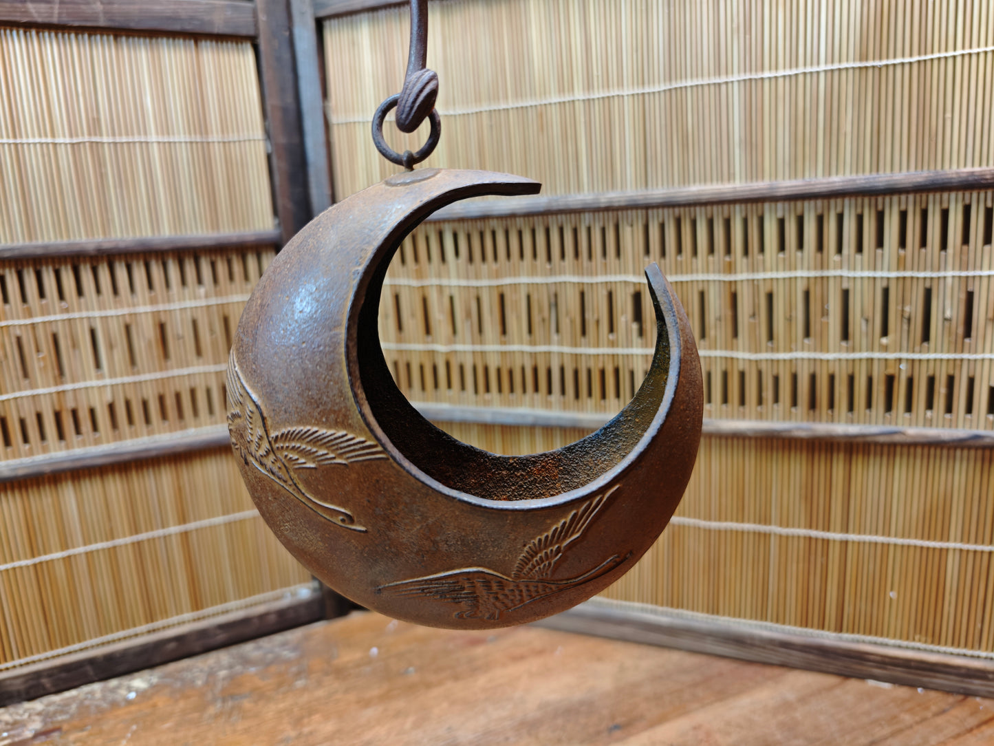 Japanese Nanbu Tekki Crescent Moon Ikebana Vase with Monkeys & Cranes