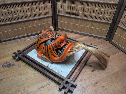 Japanese Signed Oni Mask in Yakisugi Frame Antique Handcrafted Art Japan Auction