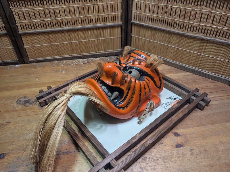 Japanese Signed Oni Mask in Yakisugi Frame Antique Handcrafted Art Japan Auction