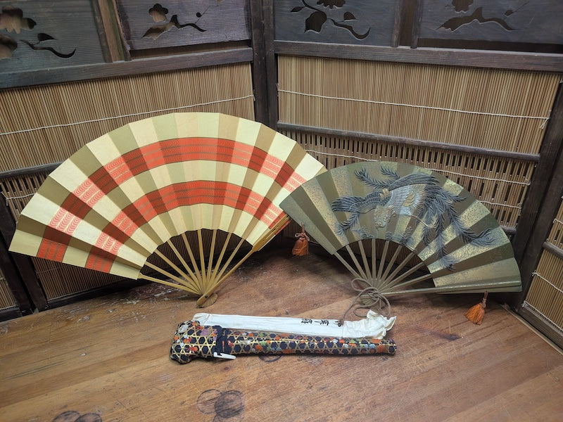 Vintage Japanese Fan Set Bronze Sensu Fans w/Bag & Kimono Cover Japan