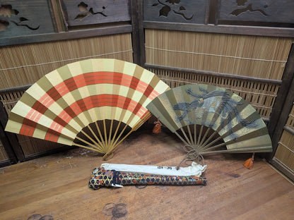 Vintage Japanese Fan Set Bronze Sensu Fans w/Bag & Kimono Cover Japan