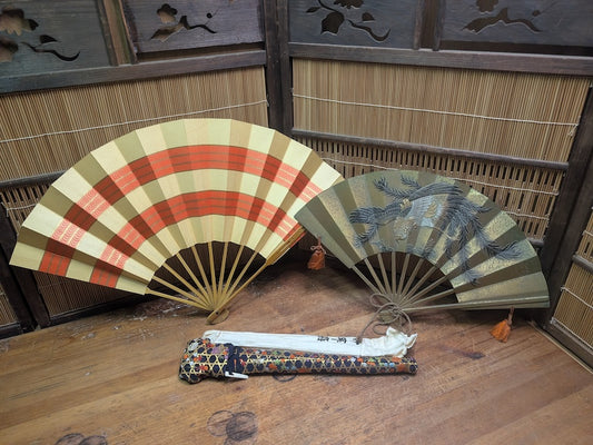 Vintage Japanese Fan Set Bronze Sensu Fans w/Bag & Kimono Cover Japan