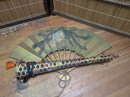Vintage Japanese Fan Set Bronze Sensu Fans w/Bag & Kimono Cover Japan