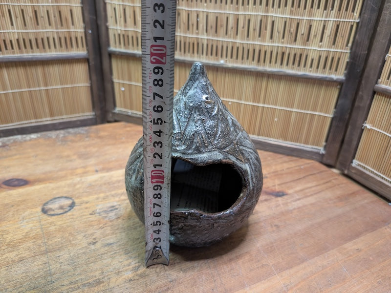 Japanese Pottery Ikebana Vase Textured Flower Vessel w/ Paper Auction JP