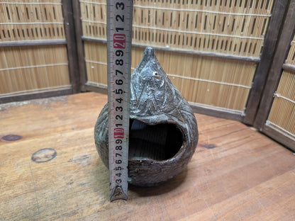 Japanese Pottery Ikebana Vase Textured Flower Vessel w/ Paper Auction JP