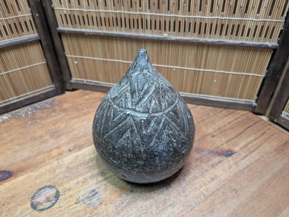 Japanese Pottery Ikebana Vase Textured Flower Vessel w/ Paper Auction JP