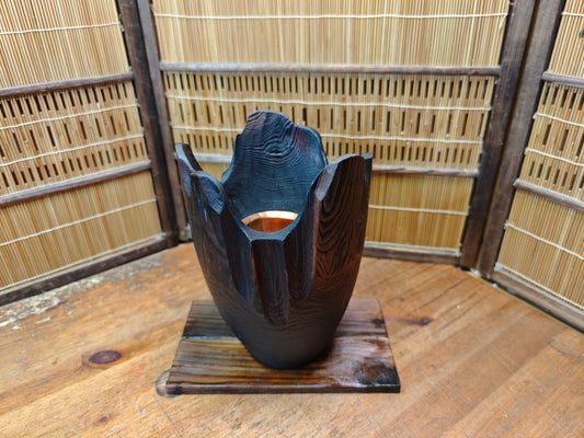 Japanese Yaki Sugi Wooden Ikebana Vase Signed Copper Insert Handcraft