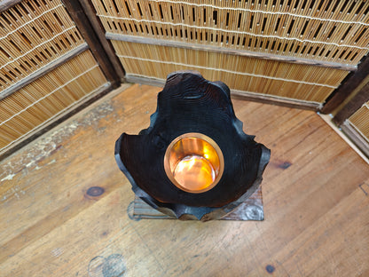 Japanese Yaki Sugi Wooden Ikebana Vase Signed Copper Insert Handcraft