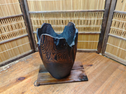 Japanese Yaki Sugi Wooden Ikebana Vase Signed Copper Insert Handcraft