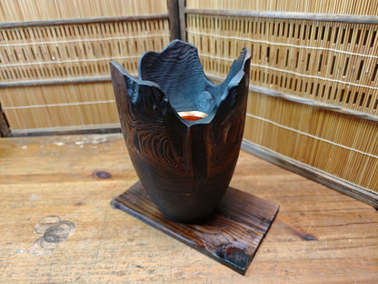 Japanese Yaki Sugi Wooden Ikebana Vase Signed Copper Insert Handcraft