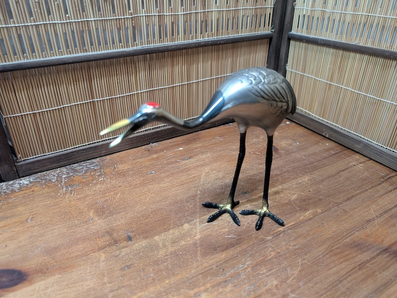 Rare Japanese Brass Crane Tsuru Statue Hand Painted Zen Decor Art