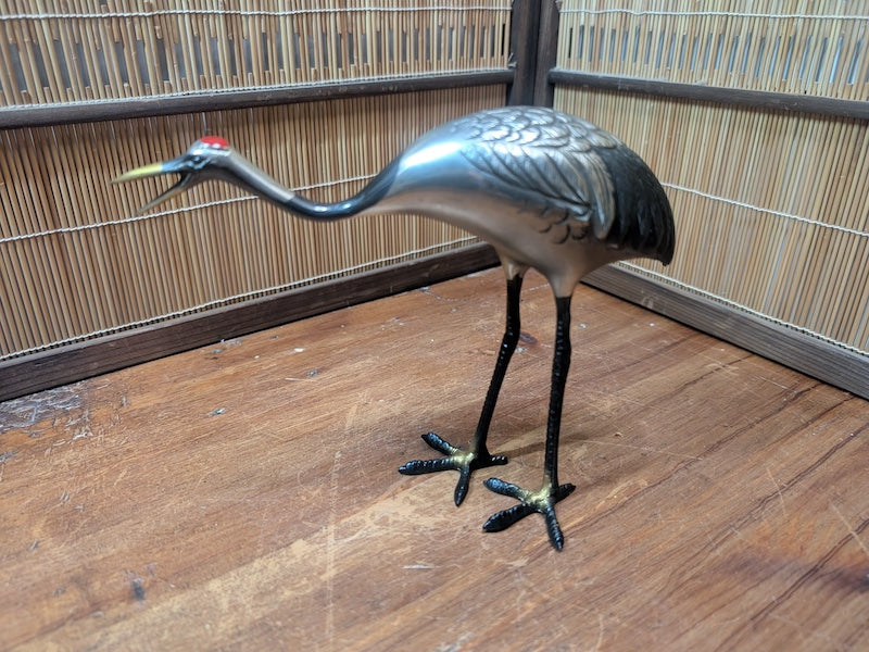 Rare Japanese Brass Crane Tsuru Statue Hand Painted Zen Decor Art
