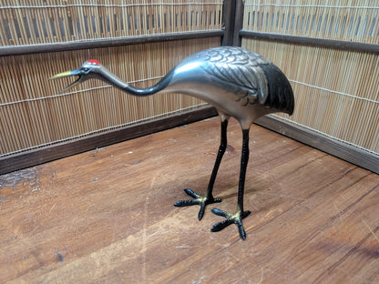 Rare Japanese Brass Crane Tsuru Statue Hand Painted Zen Decor Art