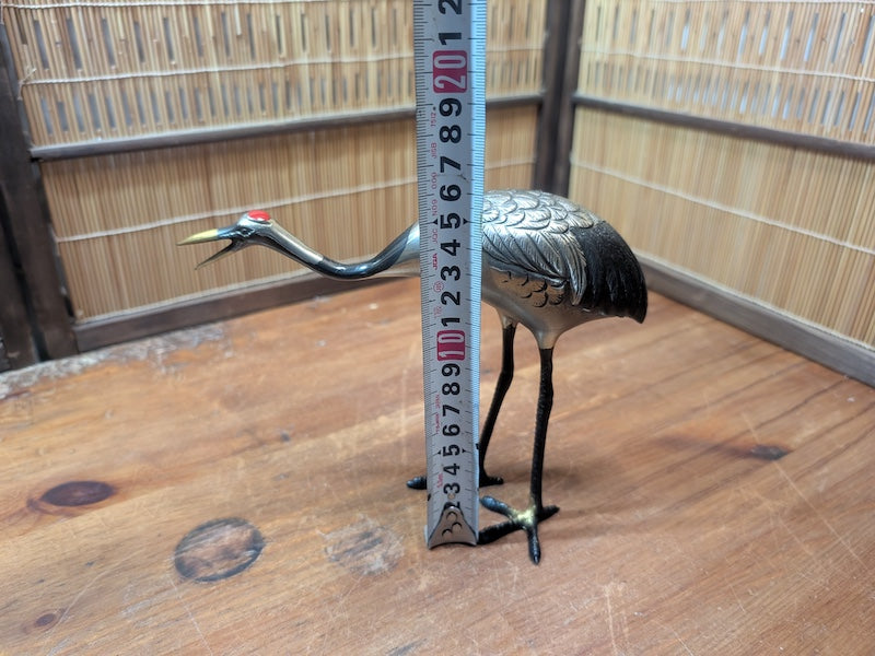 Rare Japanese Brass Crane Tsuru Statue Hand Painted Zen Decor Art