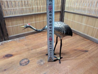 Rare Japanese Brass Crane Tsuru Statue Hand Painted Zen Decor Art