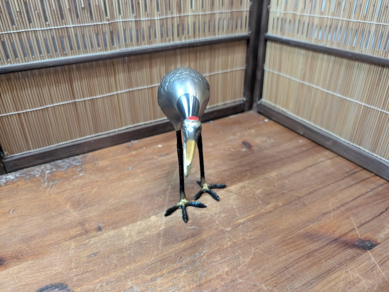 Rare Japanese Brass Crane Tsuru Statue Hand Painted Zen Decor Art