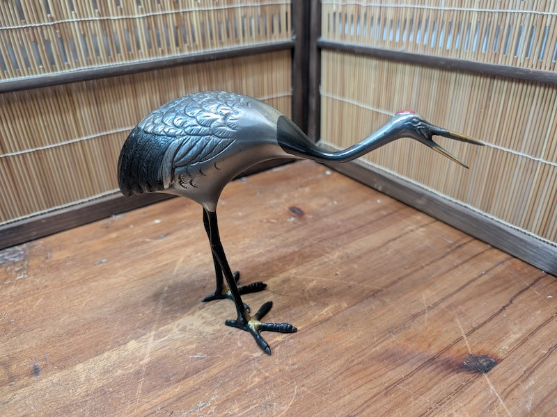 Rare Japanese Brass Crane Tsuru Statue Hand Painted Zen Decor Art