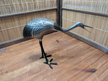 Rare Japanese Brass Crane Tsuru Statue Hand Painted Zen Decor Art