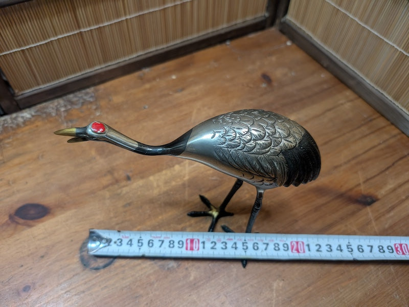 Rare Japanese Brass Crane Tsuru Statue Hand Painted Zen Decor Art